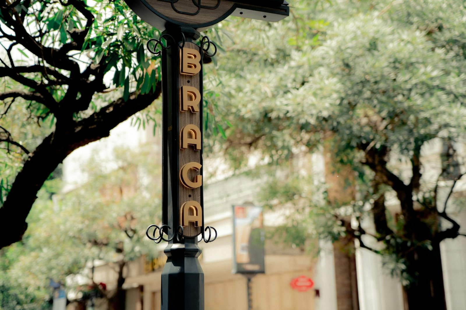 Street sign on Braga Street, Bandung, surrounded by lush trees, captures the vibrant urban landscape of West Java.