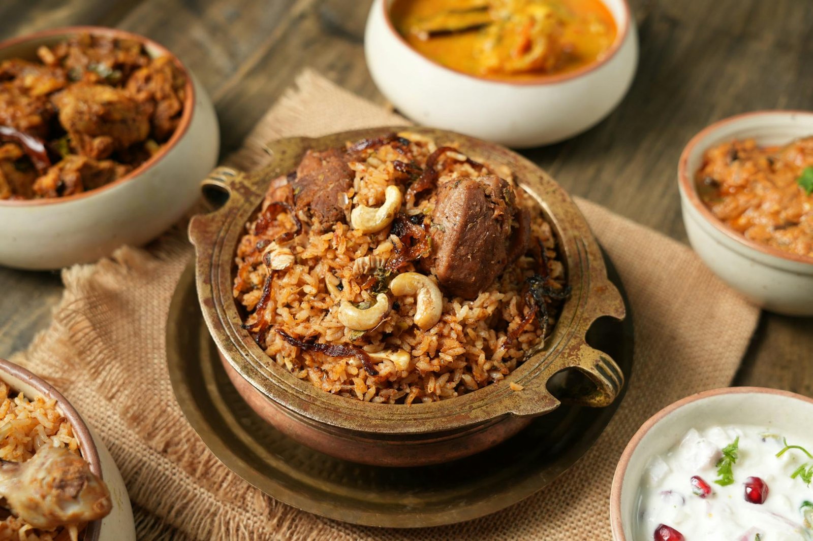 Tantalizing Indian biryani with tempting side dishes captured in Chennai, India.