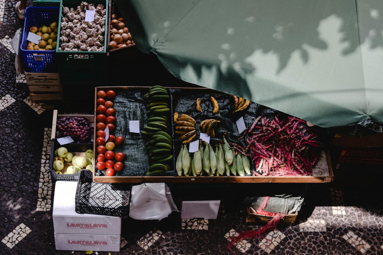 Colorful display of fresh fruits and vegetables at Funchal market, Madeira.