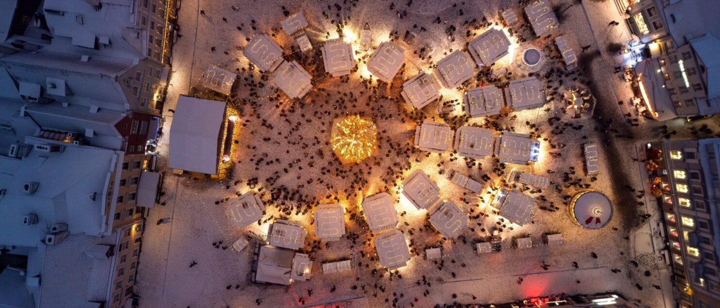 Aerial view of the Tallinn Christmas market in the snow
