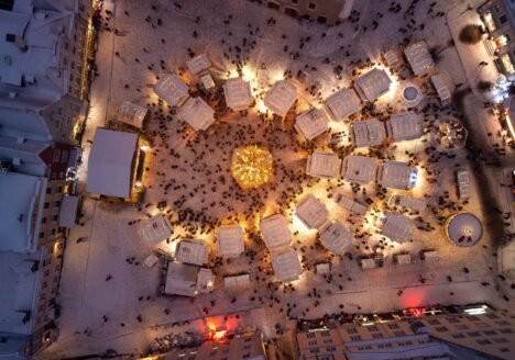 Aerial view of the Tallinn Christmas market in the snow